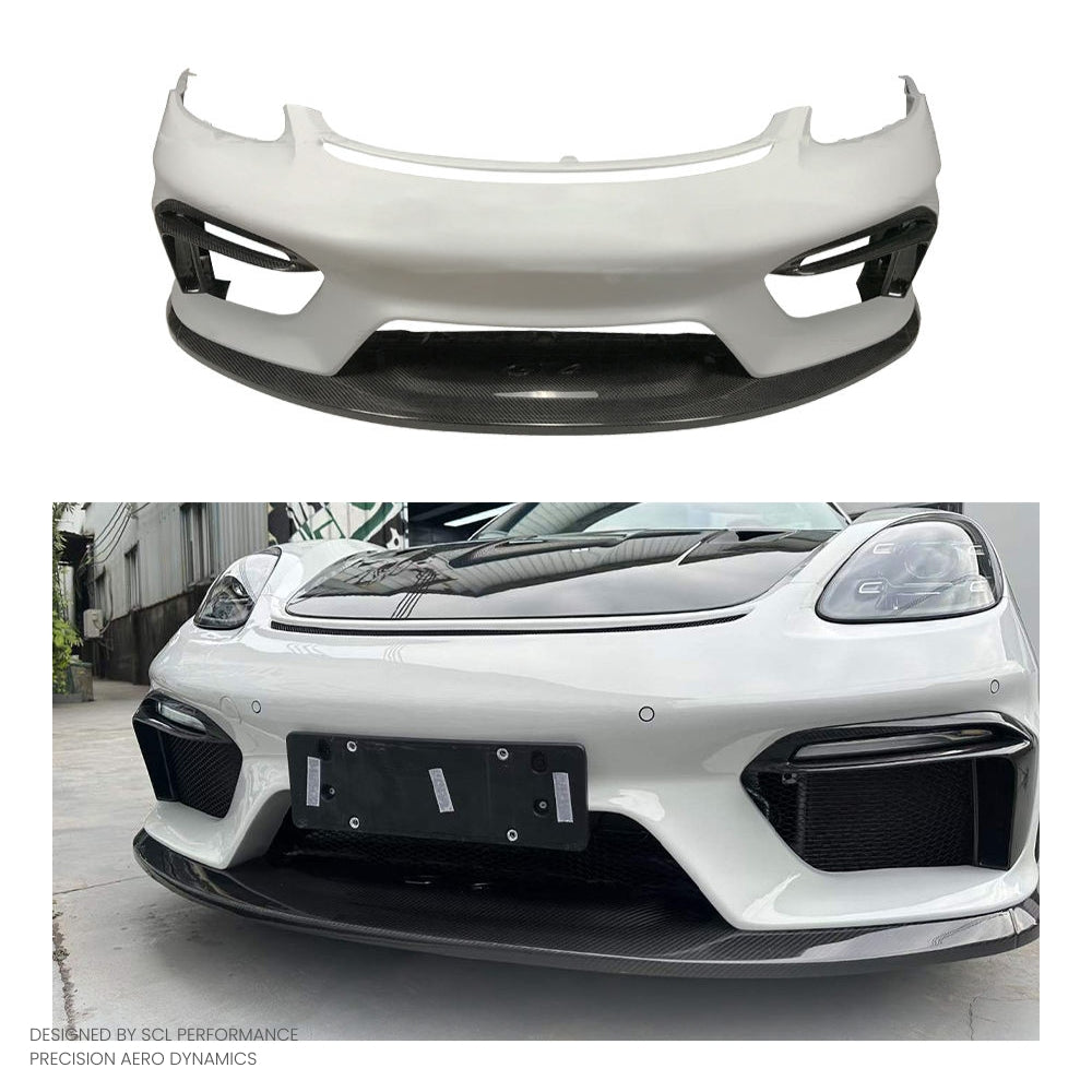 New for Porsche 718 Auto Bodykit with Half Carbon Fiber Front Bumper Front Lip Fog Lamp Frame All in One Complete Set
